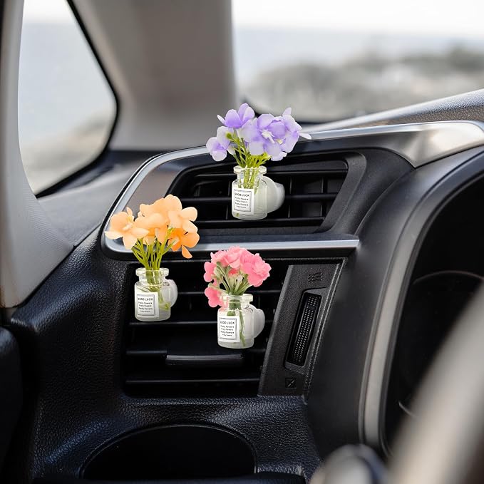 4 Pack Flowers Car Vent Clips, Cute Daisy Plants Vase Air Conditioning Outlet Clip with Fragrance Pads, Charm Scent Perfume Automotive Interior Decorations for Women