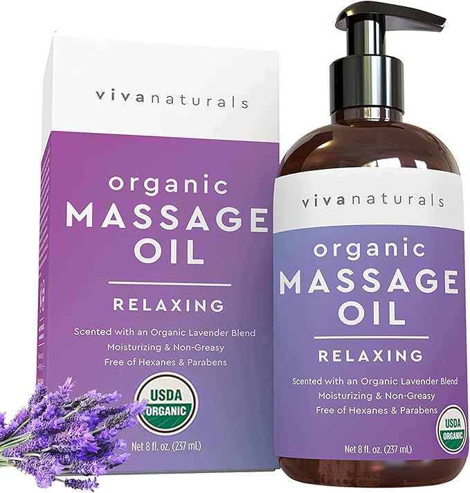 Viva Naturals Organic Massage Oil, Lavender Scented, 8 fl oz (237 mL) – Non-Greasy, Certified Organic Massage Therapy Oils