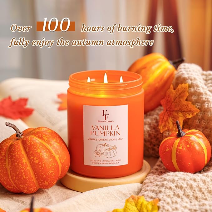 Large Fall Candle Vanilla Pumpkin Scented, 3-Wick 22oz Long Lasting | Soy Wax, Aromatherapy Candle for Home, Fall Gifts for Women Men