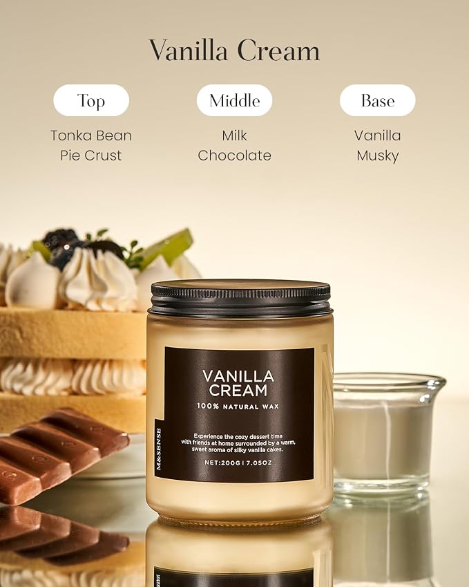 M&SENSE Vanilla Candles for Home, 7.05oz All Natural Organic Soy Wax, 50 Hours Non Toxic Clean Burn, Cute Scented Candle for Stress Relief Relaxing, Aromatherapy Gift for Women Men