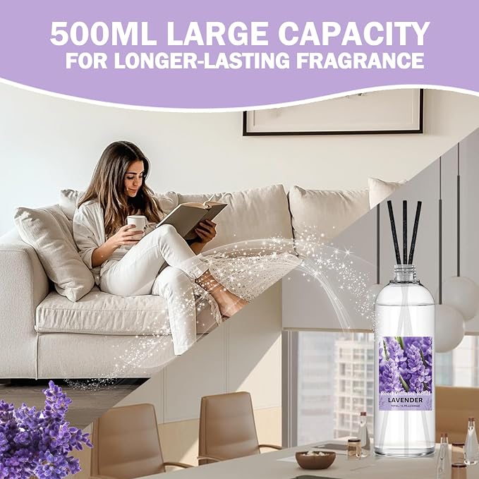 SCENTORINI Reed Diffuser Oil Refill, 16.9oz Lavender Scented Essential Oil with 6 Sticks, Long Lasting Summer Home Fragrance for Large Space Bathroom, Spa Room Aromatherapy, Hotel, Home & Office Decor