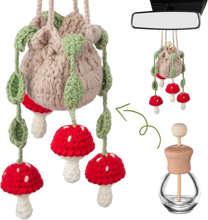 DaisyInner Cute Crochet Plant Car Freshener 12ml Empty Refillable Diffuser Bottle with Plants Hanging Accessories for Ornaments Charms Rearview Mirror Home Office Decor Women Gifts(Mushroom)