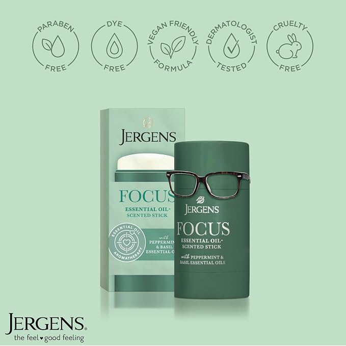Jergens Focus Essential Oil-Scented Stick, Aromatherapy Stick Crafted with Peppermint and Basil Essential Oils, 0.9 Oz