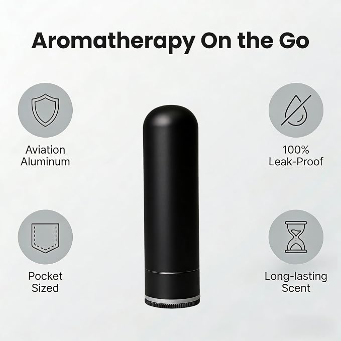 Metal Aromatherapy Inhaler with Leak-Proof Seal | Refillable Essential Oil Nasal Stick | 20 Cotton Wicks Included - Black