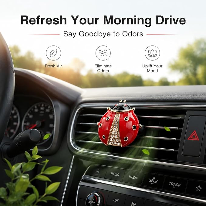 Ladybug Car Air Freshener Clip, Rhinestone Vent Decor | DIY drift car air freshener with bling ladybug. Car accessories for vent, refillable car fresheners for women.