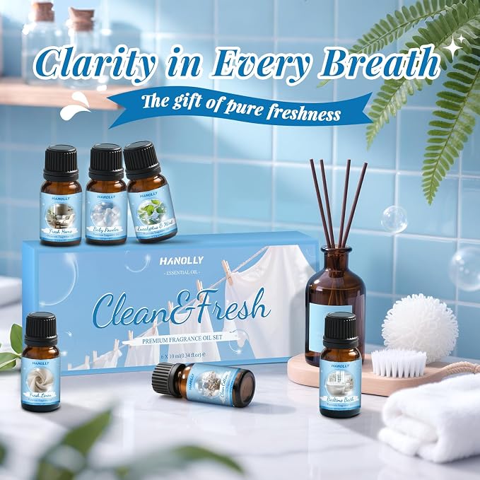 Essential Oils Set, Clean Scents Fragrance Oil Aromatherapy Essential Oils Kit for Diffuser (6x10ML) - Baby Powder, Bedtime Bath, Clean Cotton, Eucalyptus & Mint, Fresh Home, Fresh Linen Scented Oil