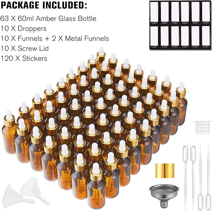 PrettyCare 2 oz Eye Glass Dropper Bottles (60ml), 63 Pack Amber Empty Thick Bottles Bulk with Leakproof Golden Caps - With Labels & Funnels for for Storage, Travel,Essential Oils, DIY Serums, Tincture