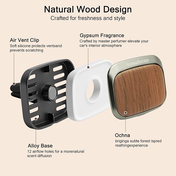 Car Air Freshener Vent Clip, Refillable Car Air Freshener Aromatherapy Diffuser with Wood & Metal Design, 2 Pack with 4 Solid Refill Pads, White Tea & Cologne