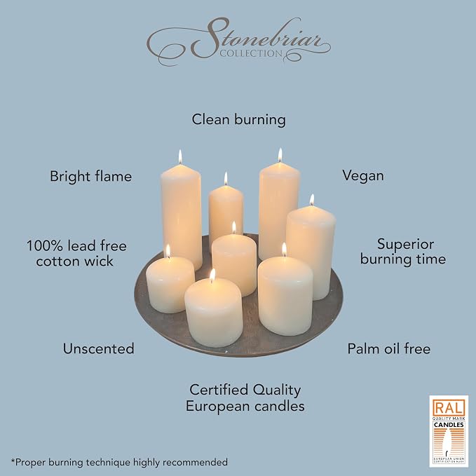 Stonebriar Unscented Pillar Candles – 35 Hour Burn Time, Long-Lasting Wax Candles for Weddings, Holidays, Home Décor & Special Events, Pack of 3, Ivory, 3" x 4"