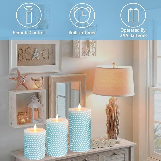 Blue Flameless Candles, Rope Texture 3D Wick, Flickering Pillar Candles with Remote & Timer, 3 Pack