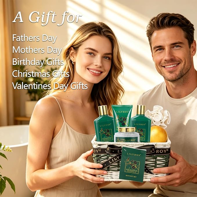 Fathers Day Gifts for Men, Gifts for Women, Eucalyptus Mothers Day Gift Basket for Mom - Pampering Bath and Body Spa Gift Basket for Women & Men, Gift Set | Christmas, Birthday, Valentines Day