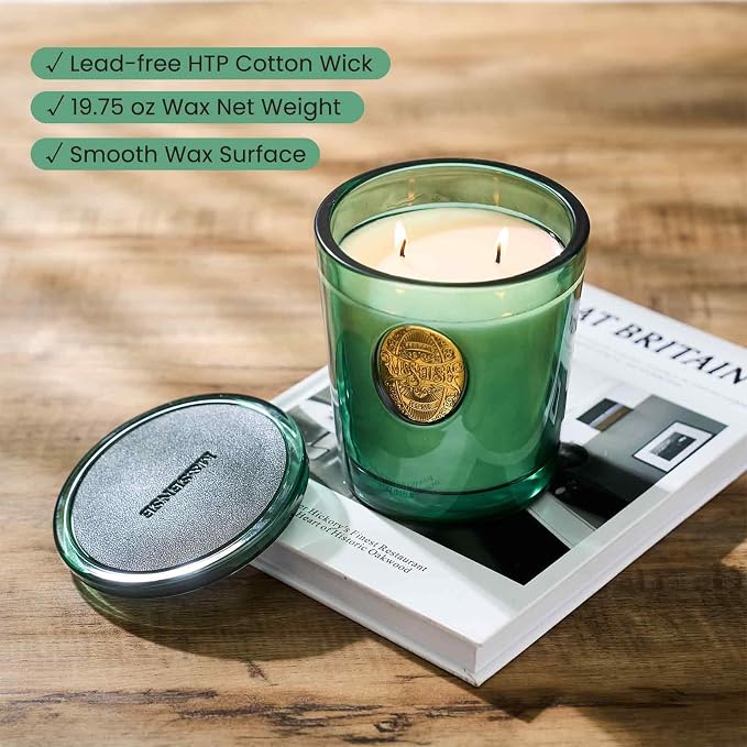 M&SENSE Large Two-Wick Soy Holiday Candle | Evergreen Pine & Emerald Green | 19.8 oz, 120H Burn Time | Luxury Scented Candle for Relaxation, Gifting, Home Décor | Ideal for Bedroom, Party