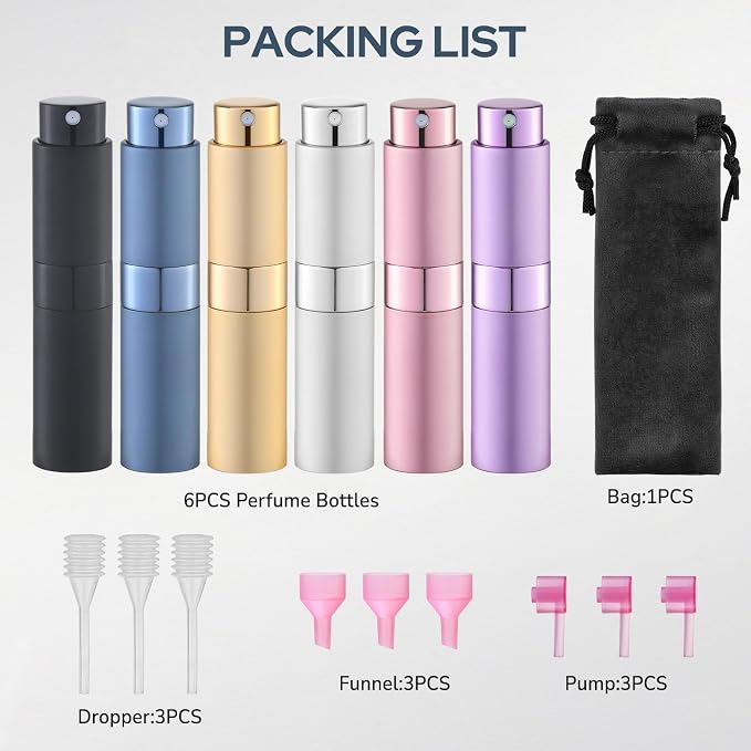 Lulupack Travel Perfume Bottle Refillable - Cologne Spray Atomizer Mini - Small Travel Size Empty Sprayer for Refill Sample Container - Portable Fragrance Decant Dispenser for Women Men 8ml 6PCS Gold