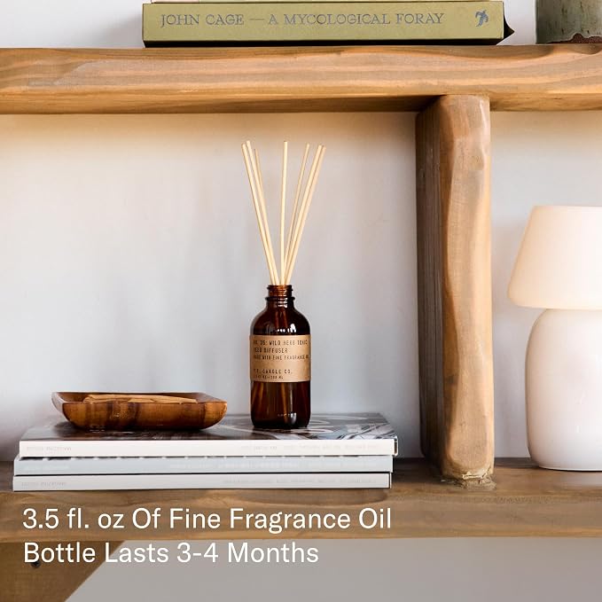 P.F. Candle Co. Wild Herb Tonic Classic Scented Rattan Reed Diffuser (3.5 fl oz) Amber Glass Jar, Fine Fragrance Oil, Flame-Free Fragrance, Made in The U.S.A.