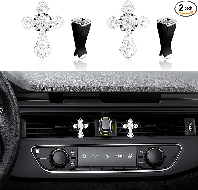 2PCS Car Air Vent Clip, Car Diffuser, Bling Car Dashboard Air Vent Trim Clip, Cross Air Conditioning Outlet Clip for Women Girls, Silver