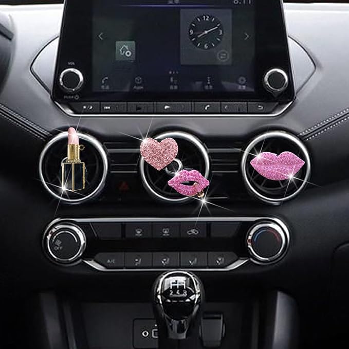 4 Pcs Pink Lips Air Vent Clips, Sexy Lips Kiss Heart Shape Car Air Fresheners, Charms Rhinestone Diffuser Vent Clip Cute Car Decor Bling Car Accessories for Women, Automotive Air Fresheners (Pink, 4)