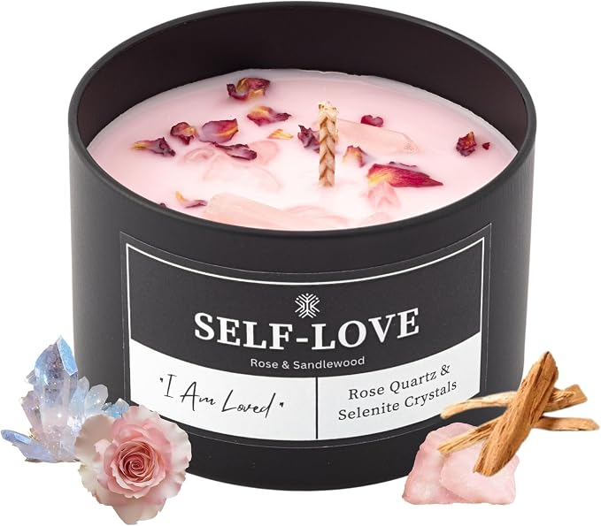 Self-Love Crystal Candle for Meditation and Room Decor, 8oz, Infused with Rose Quartz & Selenite Crystals, Rose & Sandalwood Essential Oil Scented Candles, Soy Wax Blend, Non Toxic Candles