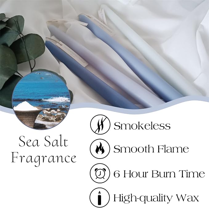Scented Taper Candlesticks, 10 Inch Dripless Colorful Candle Sticks - Blue Scent, Pack of 12