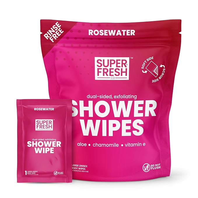 Super Fresh Shower Body Wipes, Travel Essentials for Camping, Large Rosewater Wipes for Adults, Women, Men, Kids Personal Hygiene Cloth Enriched with Aloe and Vitamin E, Individually Wrapped 10 Pack