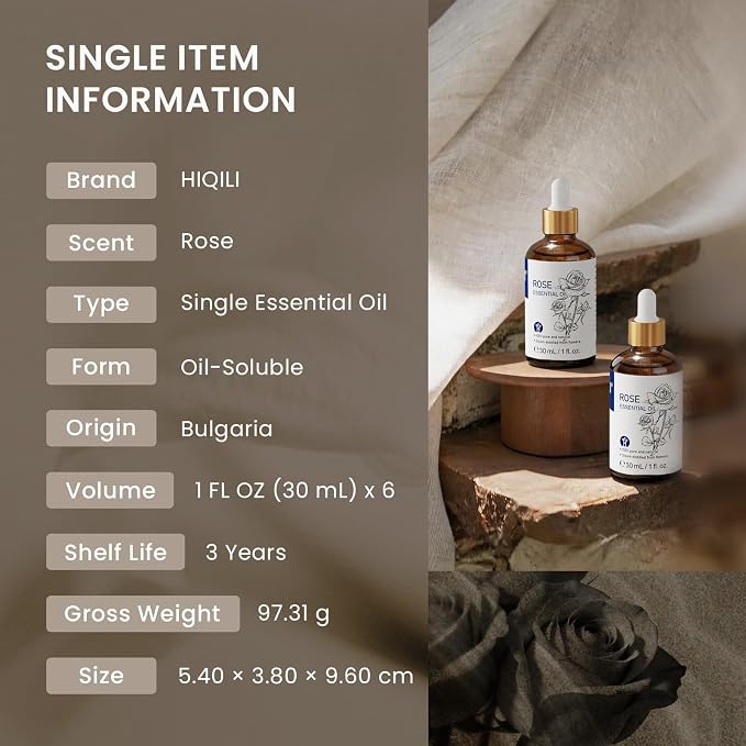 HIQILI Rose Essential Oil Set – 1 fl oz (6 Pack), with Stable Quality, Bulk Pack for Business Purchase, Ideal for Skin Care, SPA, Hotels, DIY Studios, Holiday Gifts & Home Use