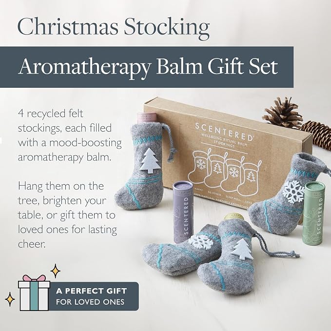 Scentered Aromatherapy Balms Christmas Stocking Gift Set (Set of 4) - Essential Oils Roll On Balms for Sleep, Stress Relief, Emotional Wellbeing & Positivity - Self-Care Stocking Stuffers for Women