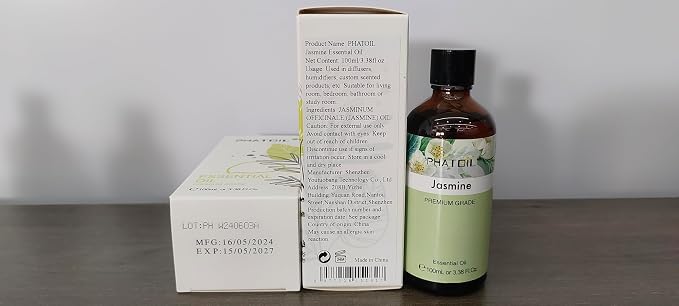 PHATOIL 3.38FL.OZ Jasmine Essential Oil with Glass Dropper, for Aromatherapy Diffusers, Humidifiers, Great for DIY Candle and Soap Making, Huge 100ML Bottle