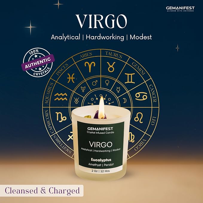 Virgo Crystal Candle with Zodiac Bracelet Virgo Gifts for Men Women Eucalyptus Soy Candles for Home Scented Birthday Astrology Gifts for Candle Lovers Spiritual People