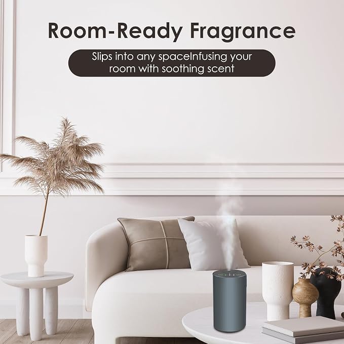 Waterless Essential Oil Diffuser, Battery Powered Mini Scent Air Machine, Aromatherapy Mist Diffuser for Home Room Car Office，Black Aluminum Alloy (Grey)