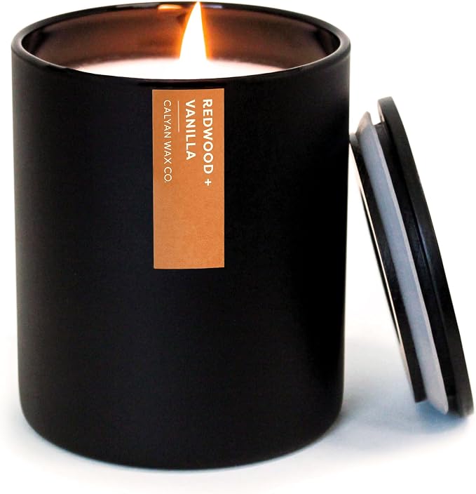 Calyan Wax Co. Redwood & Vanilla Scented Candle - 75 Hour Burn - Luxury Clean Soy Wax Candles - Long Lasting Black Tumbler Jar Candle for Home - 10.2oz