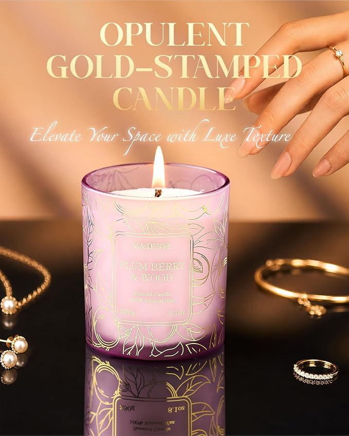 M&SENSE Plum Berries Wooden Scented Candles for Home, 8.1oz Natural Soy Candle No Toxic 42-Hour Long Lasting Burning, Stress Relief Aromatherapy Candle Gifts for Women