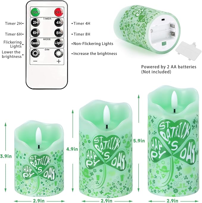 Flameless Candles Lights, Set of 3 Flickering St. Patrick's Day Pillar Candles with Remote & Timer, Dimmable Real Wax Shamrock LED Candles Battery Operated for Home St. Patrick's Day Decor (Clover)