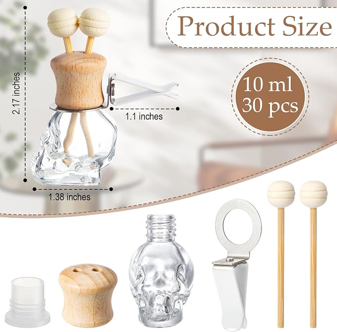 Zubebe 30 Pack Car Air Freshener Diffuser with Vent Clip Empty Car Diffuser Bottles for Essential Oil Perfume Glass Bottle with Wooden Caps Stick(Skull)