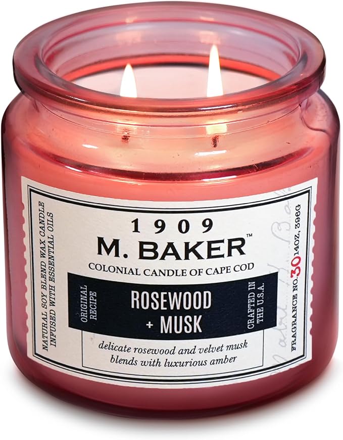 Colonial Candle Rosewood & Musk Scented Candle, 2-Wick Natural Soy Blend Wax Candle Infused with Essential Oils, 14 oz Apothecary Glass Jar Candle - Made in The USA