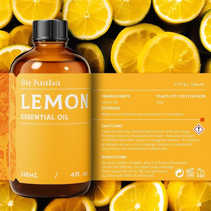 SU JUABA Lemon Essential Oil 4 Fl Oz,=for Cleaning, Diffuser, Skin Care, Aromatherapy- 118ML
