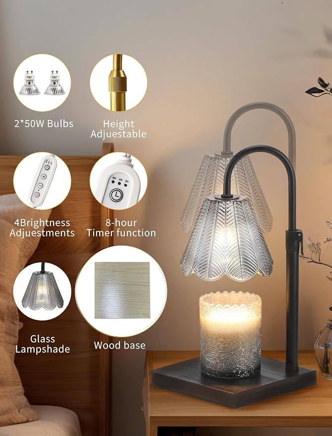 Candle Warmer Lamp with Timer & Dimmer, 2 Bulbs, Height Adjustable, Fit All Size Jar Scented Candles, Safe Aromatherapy Light for Sleep, Work, Yoga, Bedroom, Office, Gift (Smoky Gray)