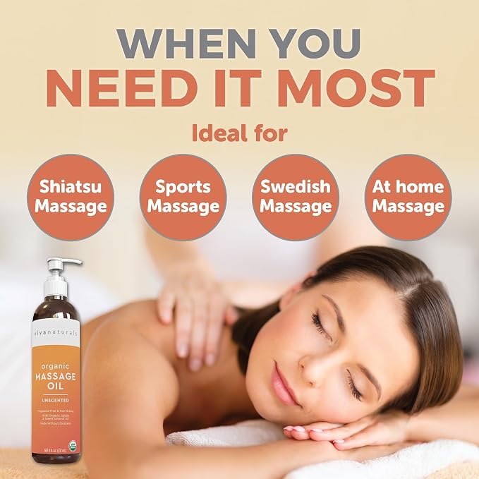 Viva Naturals Organic Massage Oil, Unscented, 8 fl oz (237 mL) – Non-Greasy, Certified Organic Massage Therapy Oils
