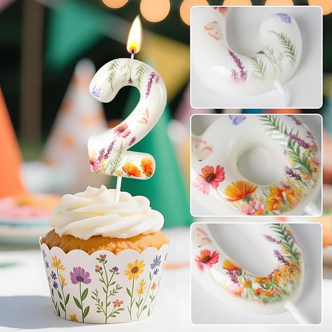 Number 2 Birthday Candle for Cake – Floral Botanical Design with Butterfly Detail – Elegant Cake Topper for Birthday, Garden Party Decoration
