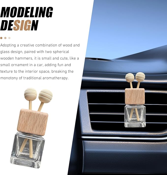 4 PCS Car Diffuser Air Freshener Bottles, Refillable Empty Glass Essential Oil Diffuser Vent Clip & Wooden Caps Sticks, Universal Aromatherapy Diffusers for Most Vehicles (Square)