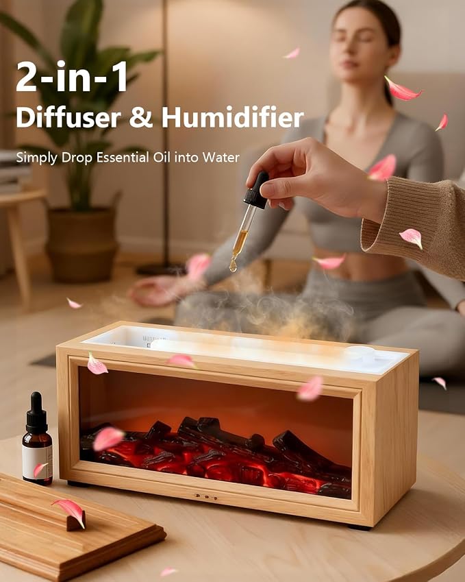 Essential Oil Diffuser, 7-Color Fireplace Fire Flame Aromatherapy Humidifier, 280ml Ultrasonic Aroma Diffuser, Cozy with Time Sets and Remote Control for Bedroom Home Yoga Office