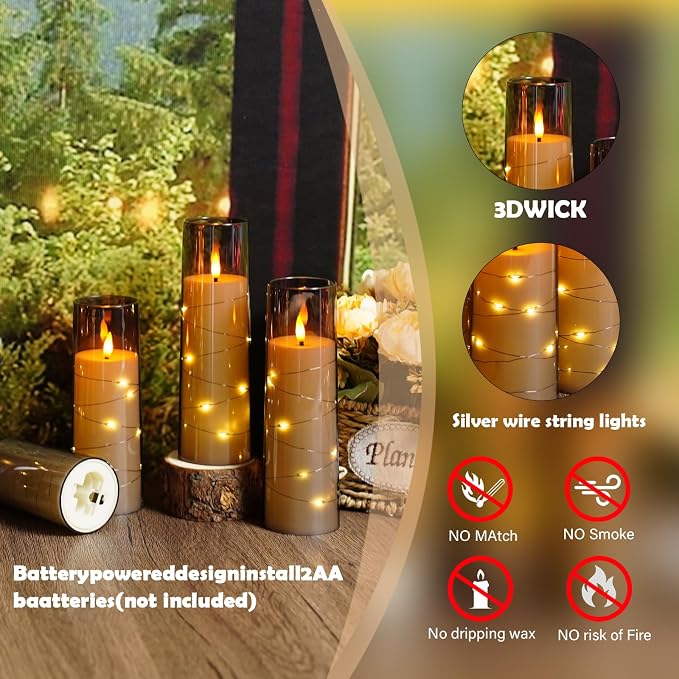 Sasigeiaa Flameless Candles with Embedded Star String - Battery Operated LED Candles, with Remote,12 Grey Flickering Candles for Christmas, Weddings, Home Decor & Party,(D 2.3"×H 5" 6" 7")