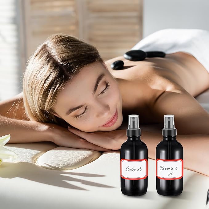 Fumete 2 Pack Glass Bottles 4oz Empty Refillable Liquid Containers with 1 Label 1 Funnel for Essential Oils Hair Travel Plants Cleaning Skin Care(Black, Black Top,Mist Bottle)