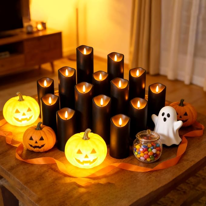 kakoya Flickering Flameless Candles, Battery Operated Plastic LED Pillar Candles with Remote Control and Timer, Set of 24 (Black)