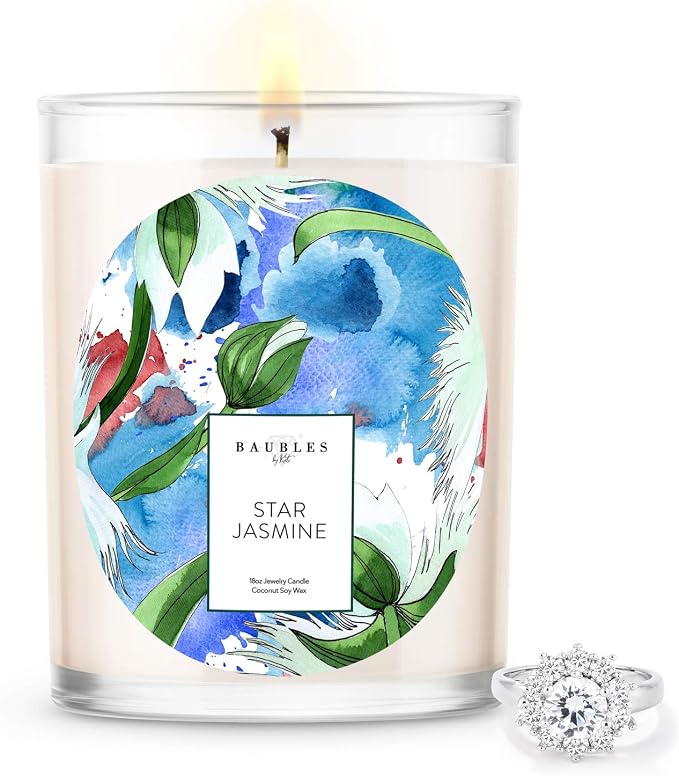 Kate Bissett Baubles Star Jasmine Scented Premium Candle and Jewelry with Surprise Ring Inside | 18 oz Large Candle | Made in USA | Parrafin Free | Size 05