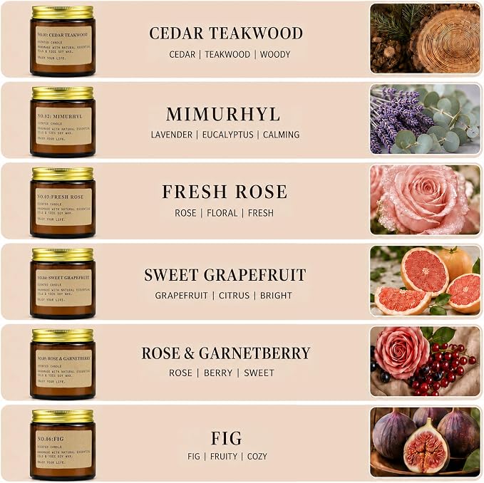 6 Pack Candles for Home Scented Aromatherapy Candle Gift Set for Women Soy Wax Long Lasting Amber Jar Candles Gift for Birthday Mother's Thanksgiving Day Present