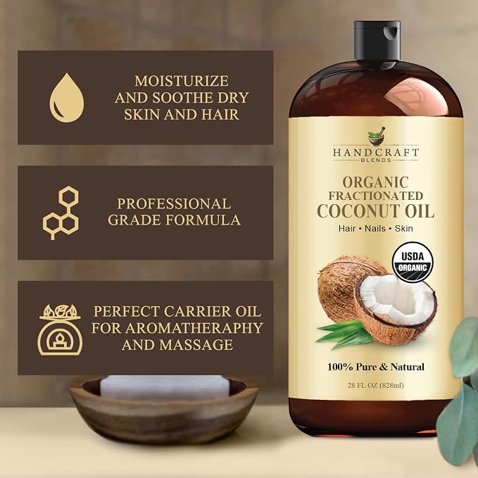 Handcraft Blends Organic Fractionated Coconut Oil | 100% Pure and Natural | Bath & Body Oil | Premium Grade Carrier Oil | Skin | Hair | Body | Massage | Hexane-Free | 28 Fl Oz