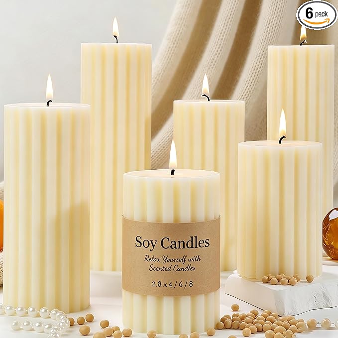 6 Pack Ribbed Ivory Pillar Candles, Cashmere Amber Scented Natural Soy Wax Candle, 532 H Long Burning Soy Candles, 2.8x4/6/8 inch Large Pillar Candles Gift Set for Home, Relaxation, Mantle