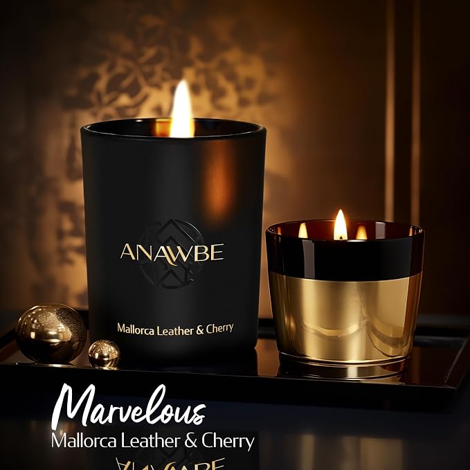 Leather & Cherry Scented Candle, Refined Notes of Leather, Black Cherry, Vanilla, Soy Candles for Men and Women, 45-Hour Long-Burning Luxury Candle & Gift Box, 6 Oz.