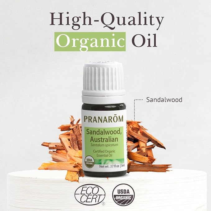 Pranarom USDA Certified Organic Australian Sandalwood Essential Oil (5ml), 100% Pure Natural Therapeutic Grade for Home Diffusing, Aromatherapy, Skincare, Candle Making, DIY Perfumes
