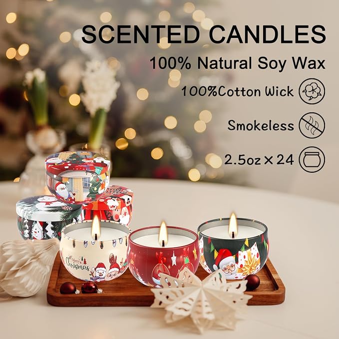 24Pack Christmas Scented Candle Tins Gift Set - Soy Wax Festive Aromatherapy Candles 2.5oz- Smokeless Long Lasting Burn time for Advent & Christmas Gifts Holiday Decor & Gifting.
