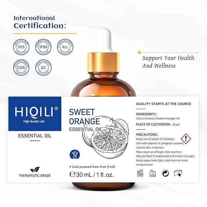 HIQILI Sweet Orange Essential Oil, 30ml (1 fl oz) | Aromatherapy for Diffusers & Air Freshening, Skin Care, DIY for Cleaning Spray, Candle & Soap